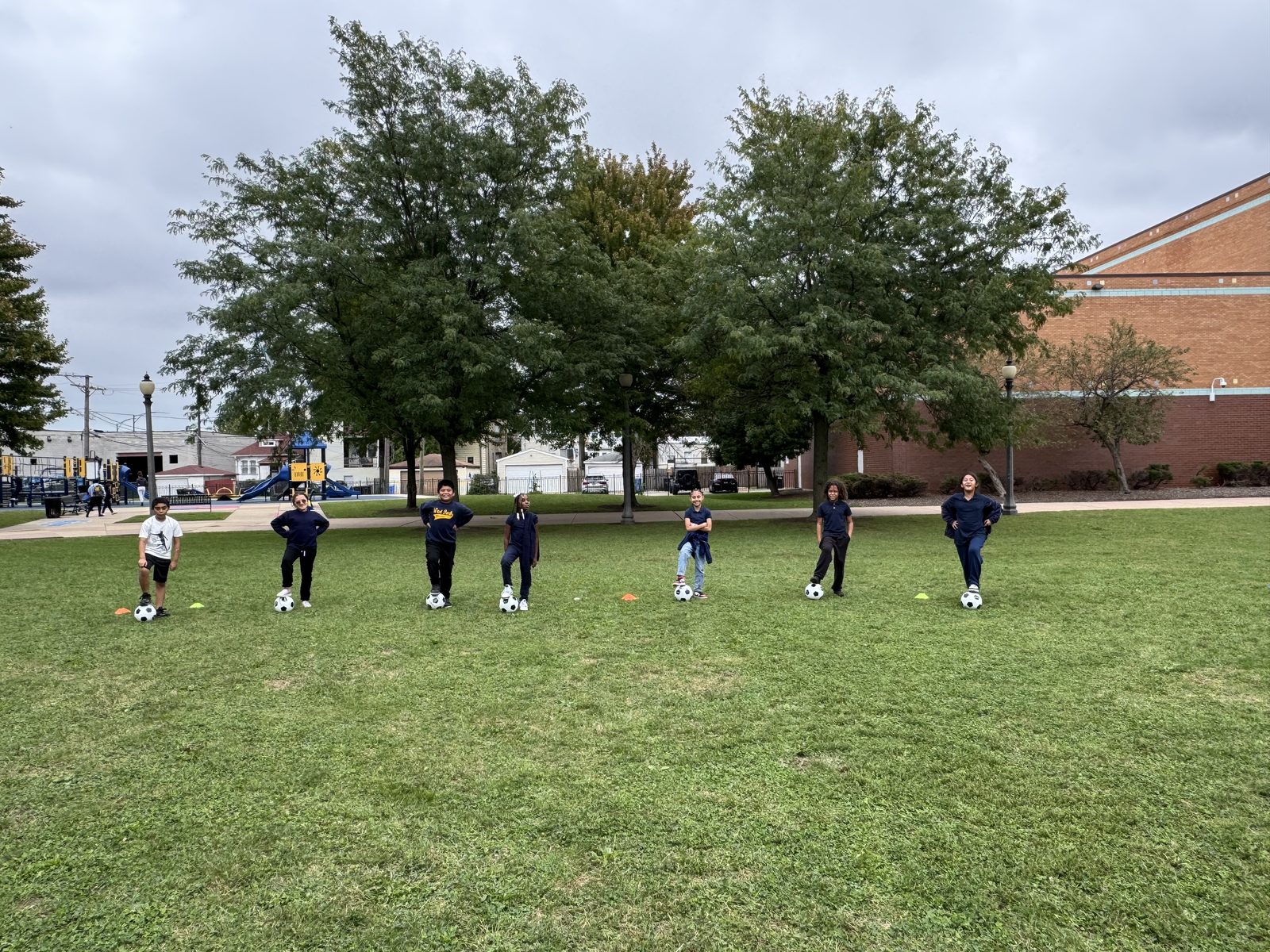 West Park students lined up with soccer balls
